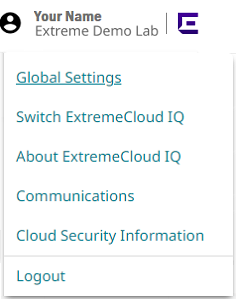 ExtremeCloud IQ menu with Global Settings selected. ExtremeCloud IQ menu with Global Settings selected.